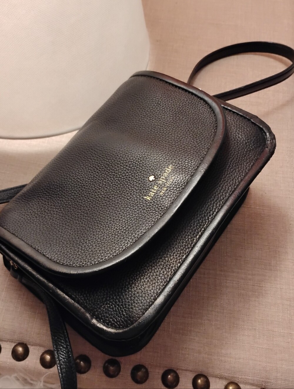 Black Pebbled Kate Spade Flap Top Shoulder Bag.